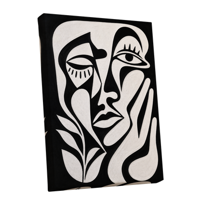 The Quiet Gaze, black, white, beige abstract wall art shown as a stretched canvas wall art