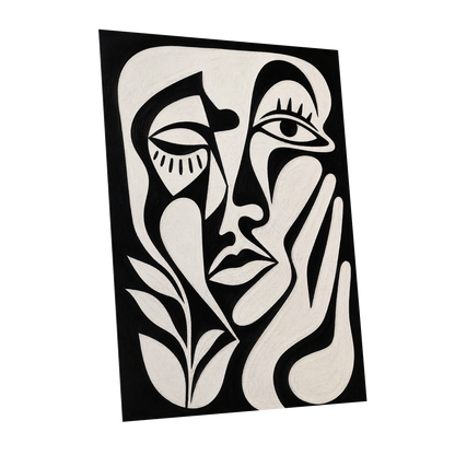 The Quiet Gaze, black, white, beige abstract wall art shown as a unframed poster wall art print