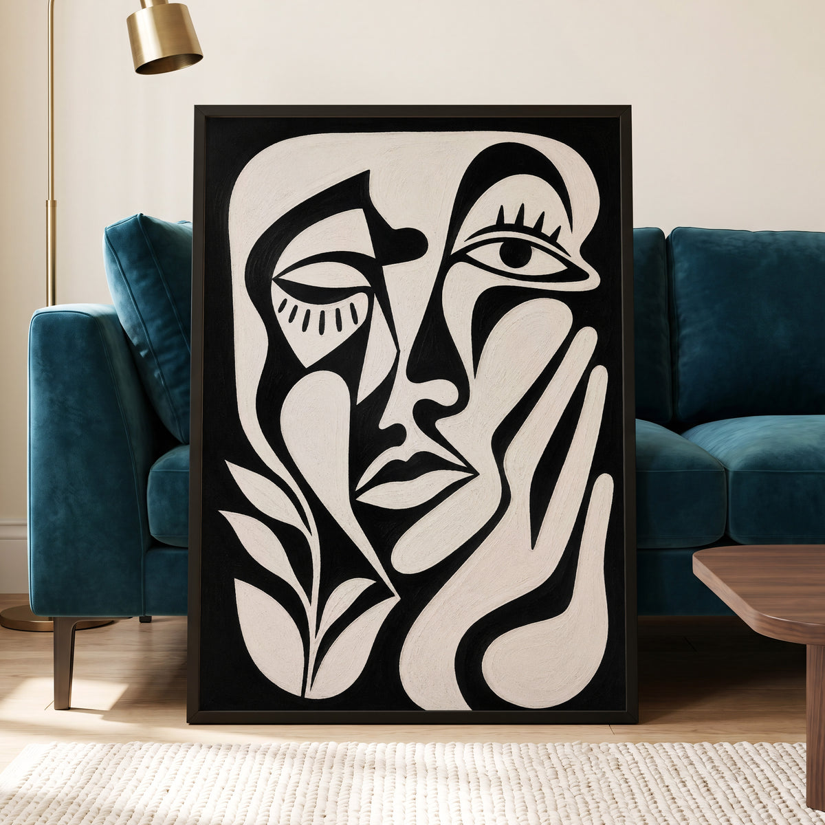 The Quiet Gaze, black, white, beige abstract wall art displayed in a styled interior, gallery view 2