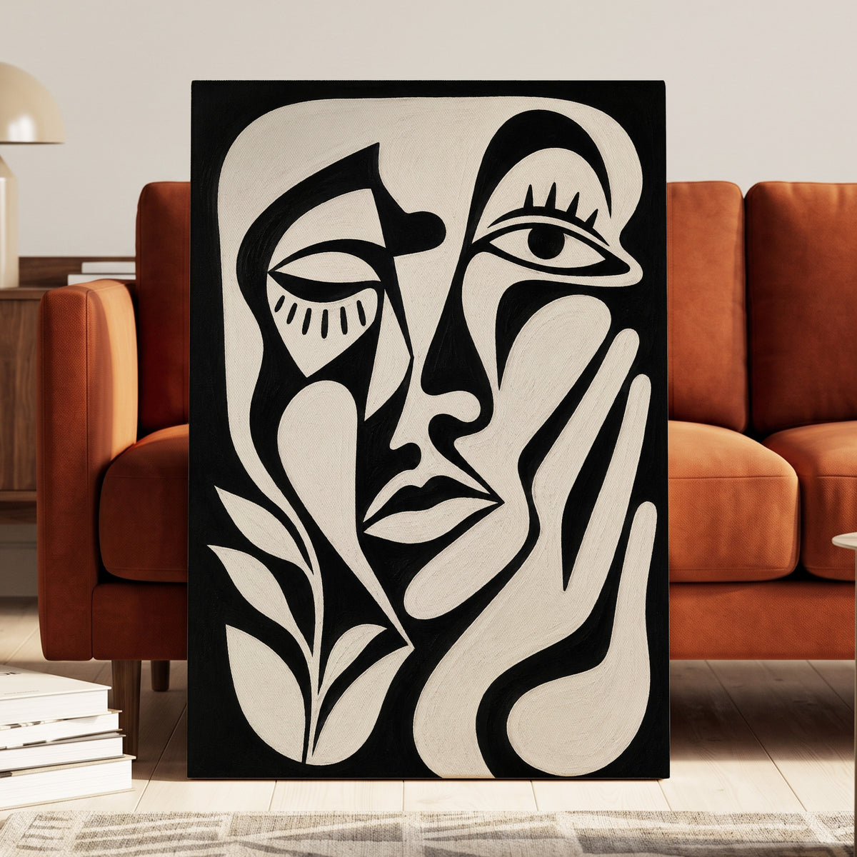 The Quiet Gaze, black, white, beige abstract wall art displayed in a styled interior, gallery view 3