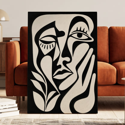 The Quiet Gaze, black, white, beige abstract wall art displayed in a styled interior, gallery view 3