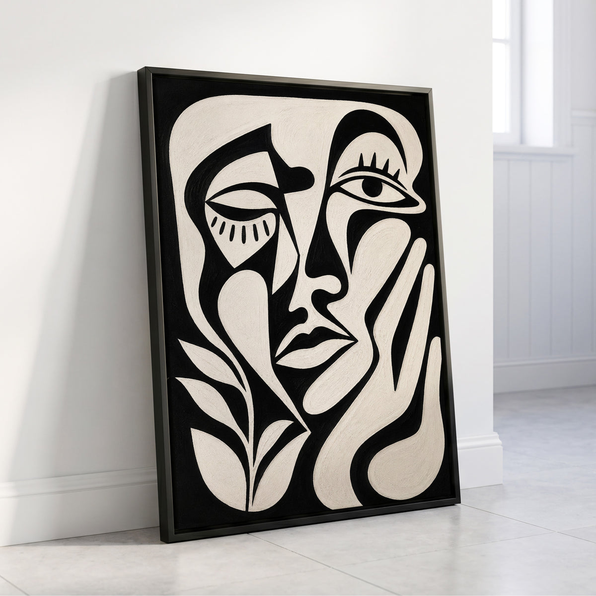 The Quiet Gaze, black, white, beige abstract wall art displayed in a styled interior, gallery view 4