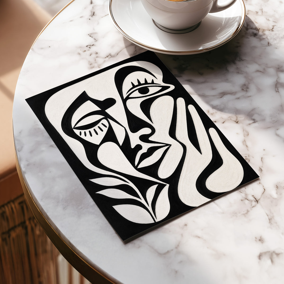The Quiet Gaze, black, white, beige abstract wall art displayed in a styled interior, gallery view 5