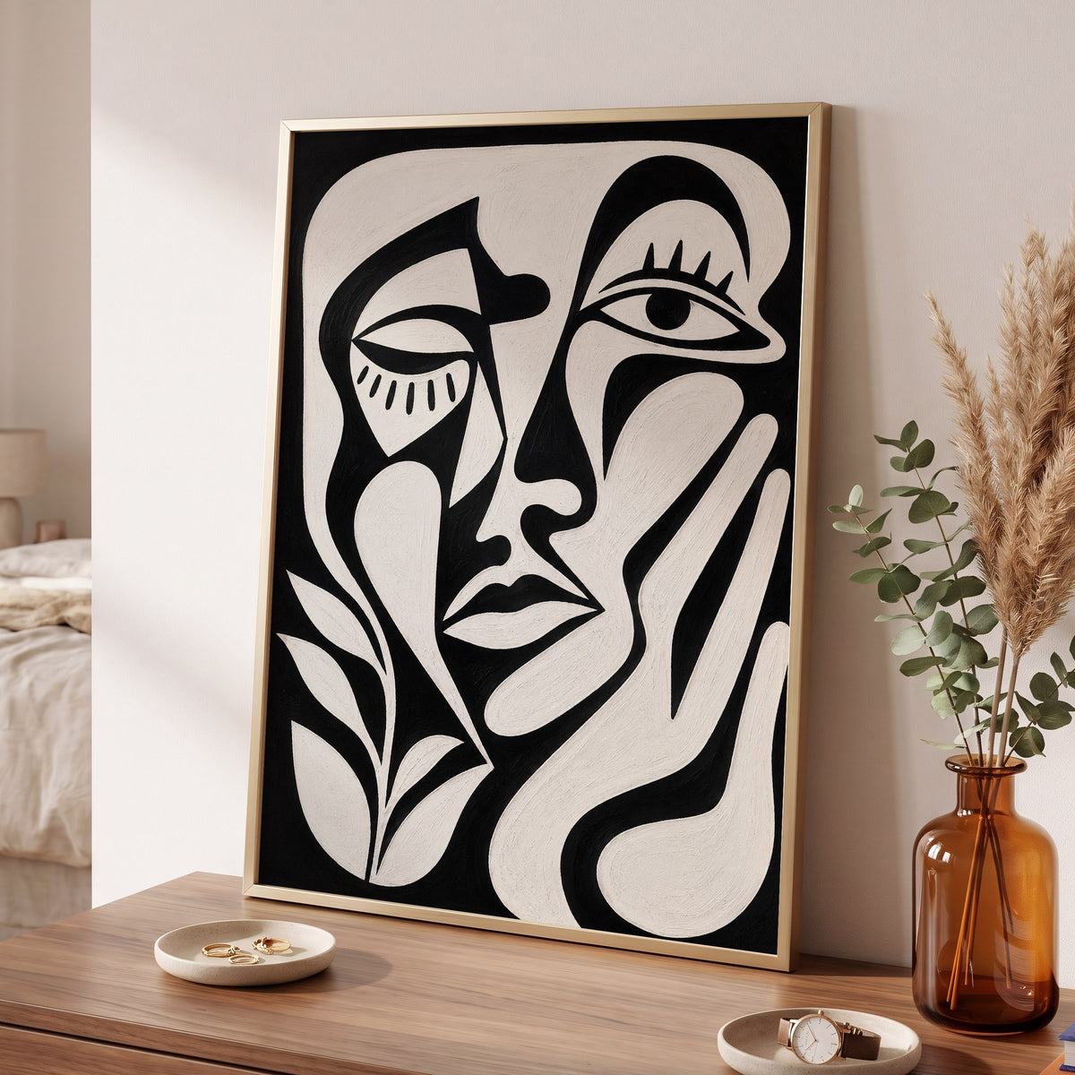 The Quiet Gaze, black, white, beige abstract wall art displayed in a styled interior, gallery view 6