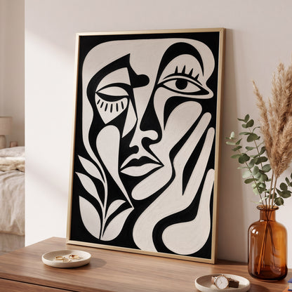 The Quiet Gaze, black, white, beige abstract wall art displayed in a styled interior, gallery view 6