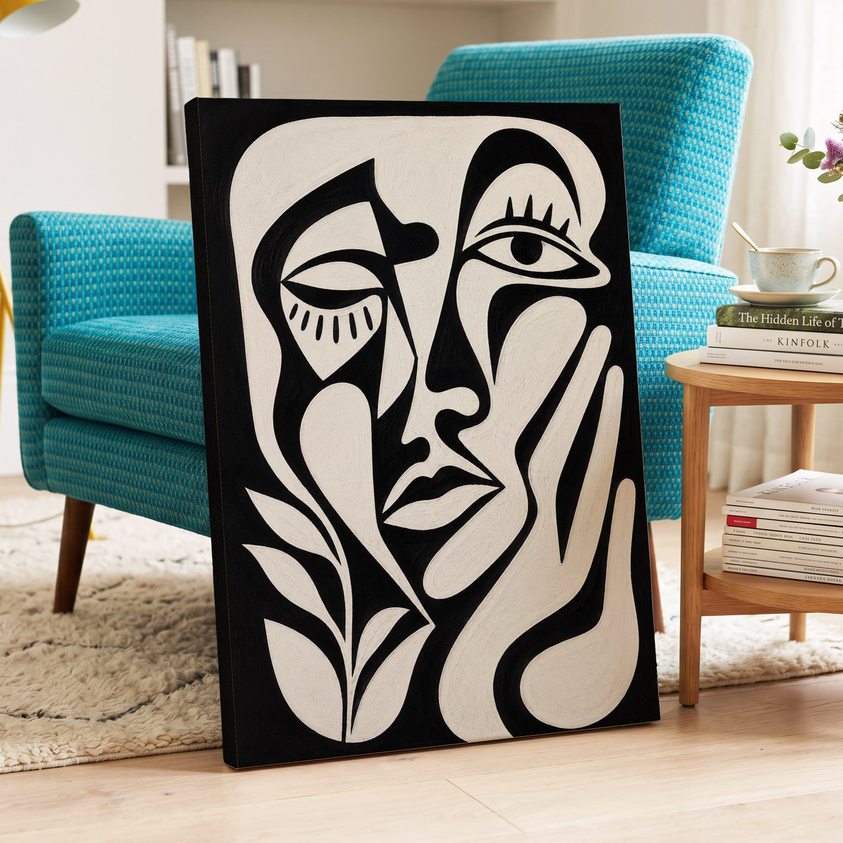 The Quiet Gaze, black, white, beige abstract wall art displayed in a styled interior, gallery view 7