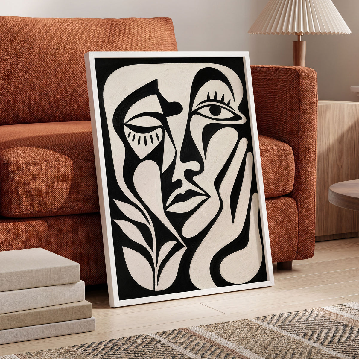 The Quiet Gaze, black, white, beige abstract wall art displayed in a styled interior, gallery view 9