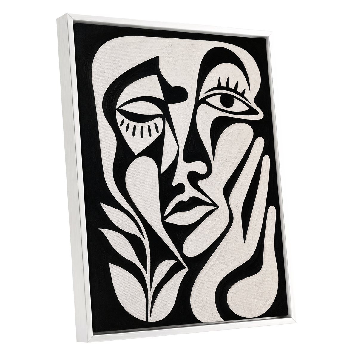The Quiet Gaze, black, white, beige abstract wall art shown as a white framed canvas wall art