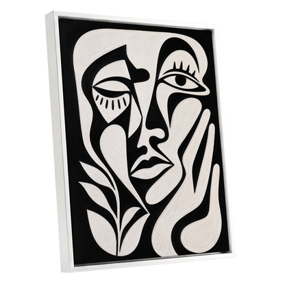 The Quiet Gaze, black, white, beige abstract wall art shown as a white framed canvas wall art