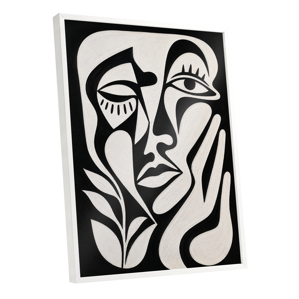 The Quiet Gaze, black, white, beige abstract wall art shown as a white framed poster wall art print