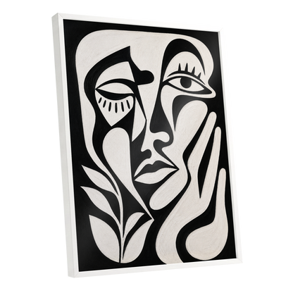 The Quiet Gaze, black, white, beige abstract wall art shown as a white framed poster wall art print