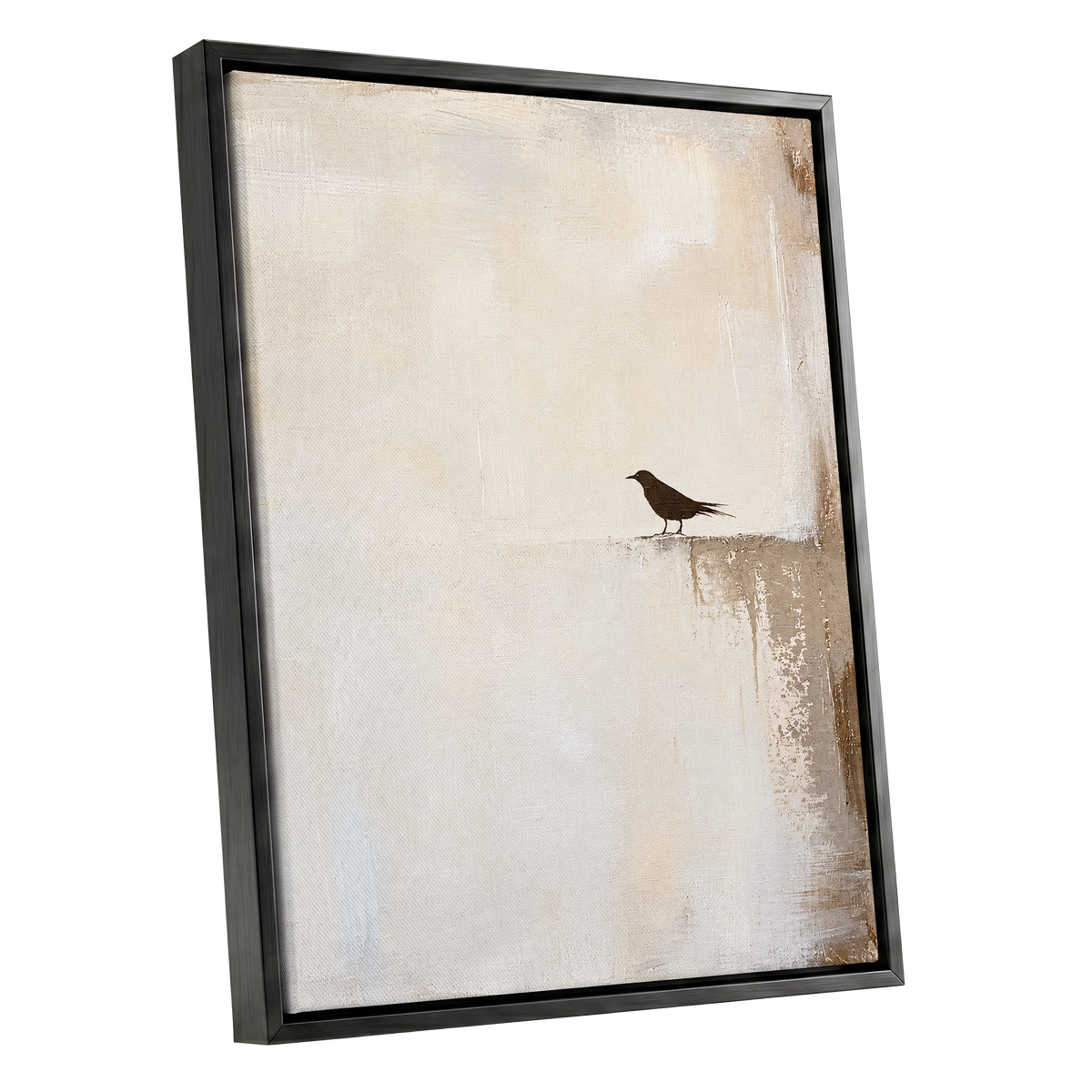 The Quiet Perch, beige, white, gray nature wall art shown as a black framed canvas wall art