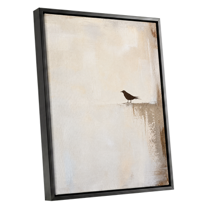 The Quiet Perch, beige, white, gray nature wall art shown as a black framed canvas wall art