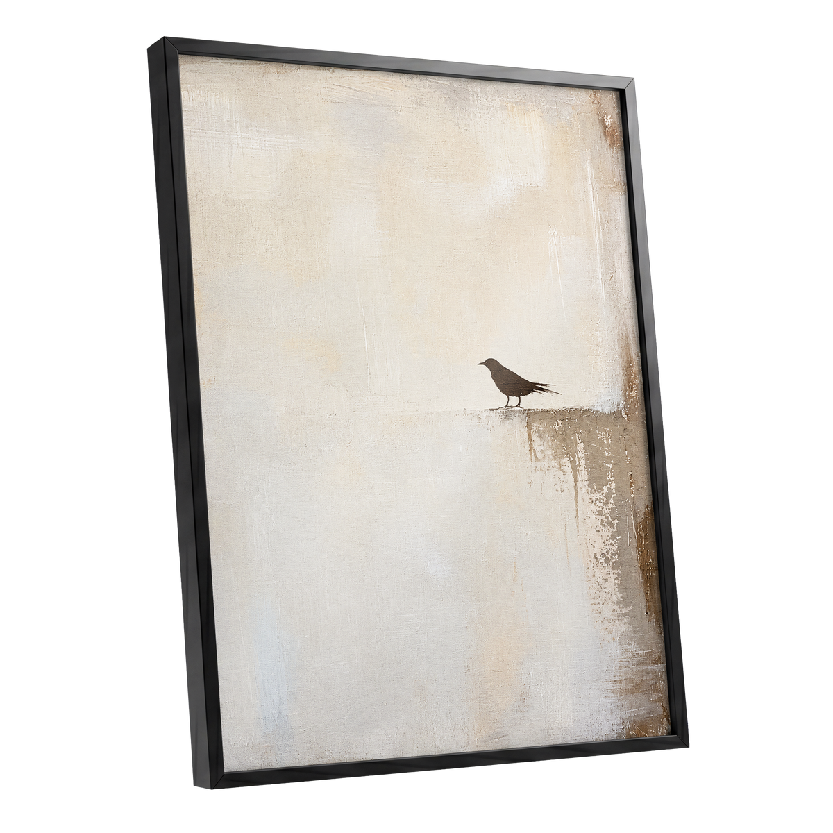 The Quiet Perch, beige, white, gray nature wall art shown as a black framed poster wall art print