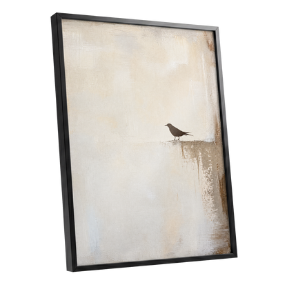 The Quiet Perch, beige, white, gray nature wall art shown as a black framed poster wall art print