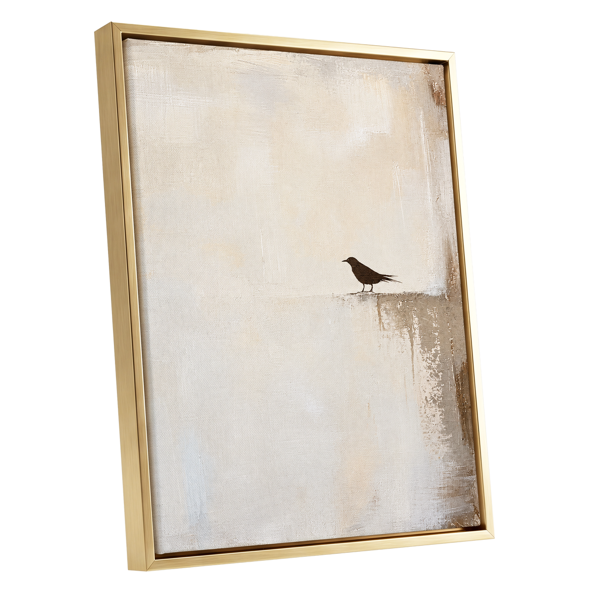 The Quiet Perch, beige, white, gray nature wall art shown as a gold framed canvas wall art