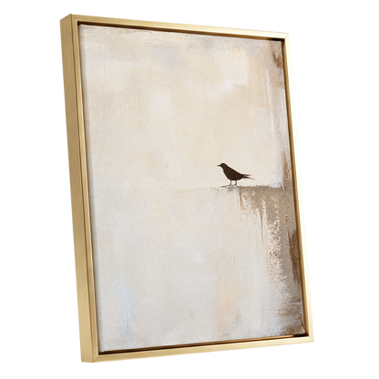 The Quiet Perch, beige, white, gray nature wall art shown as a gold framed canvas wall art