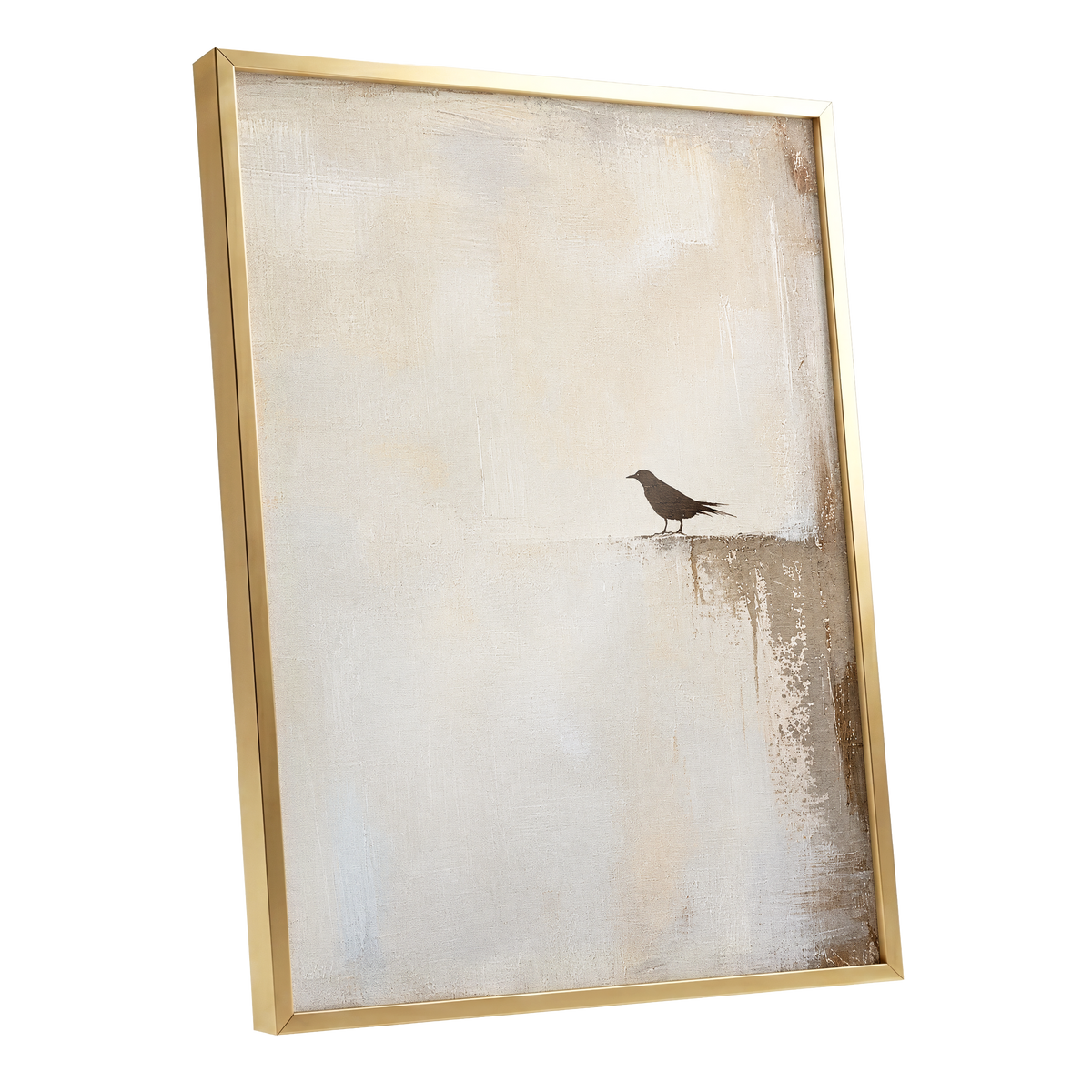 The Quiet Perch, beige, white, gray nature wall art shown as a gold framed poster wall art print