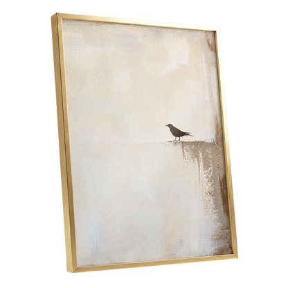 The Quiet Perch, beige, white, gray nature wall art shown as a gold framed poster wall art print