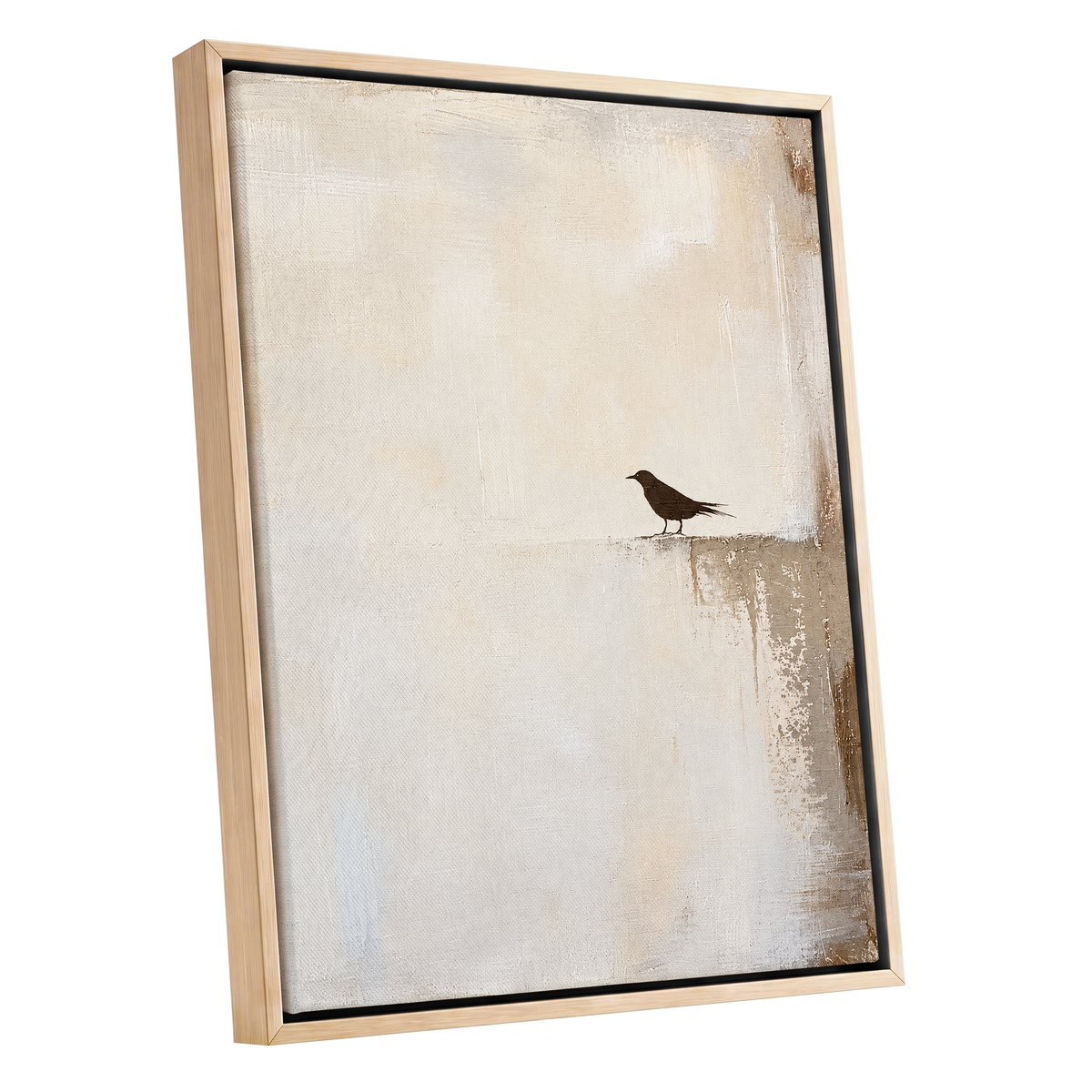 The Quiet Perch, beige, white, gray nature wall art shown as a oak framed canvas wall art