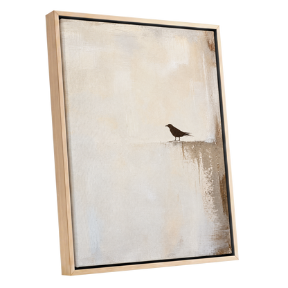 The Quiet Perch, beige, white, gray nature wall art shown as a oak framed canvas wall art