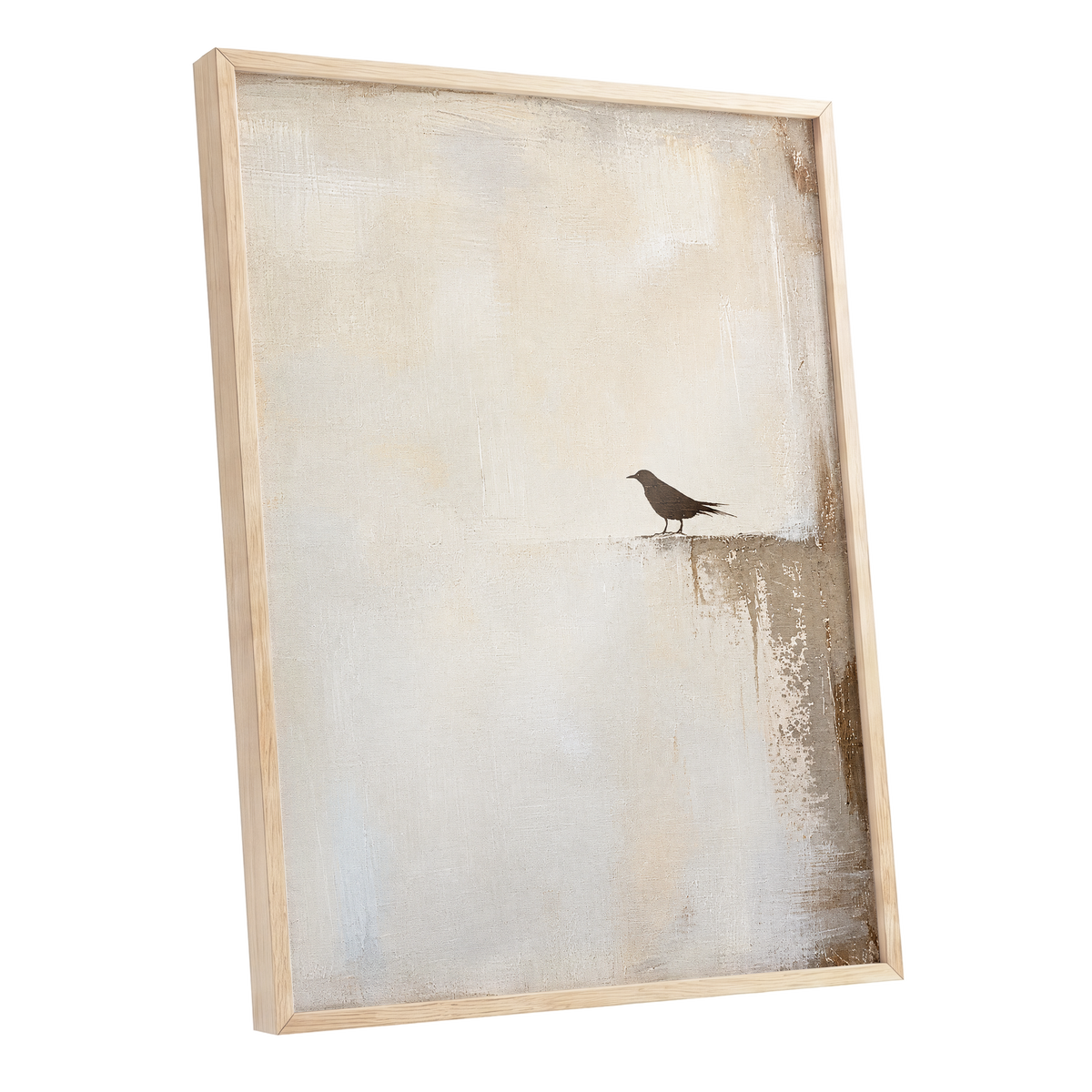 The Quiet Perch, beige, white, gray nature wall art shown as a oak framed poster wall art print