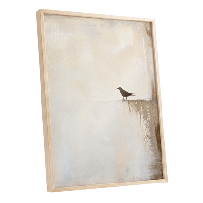 The Quiet Perch, beige, white, gray nature wall art shown as a oak framed poster wall art print