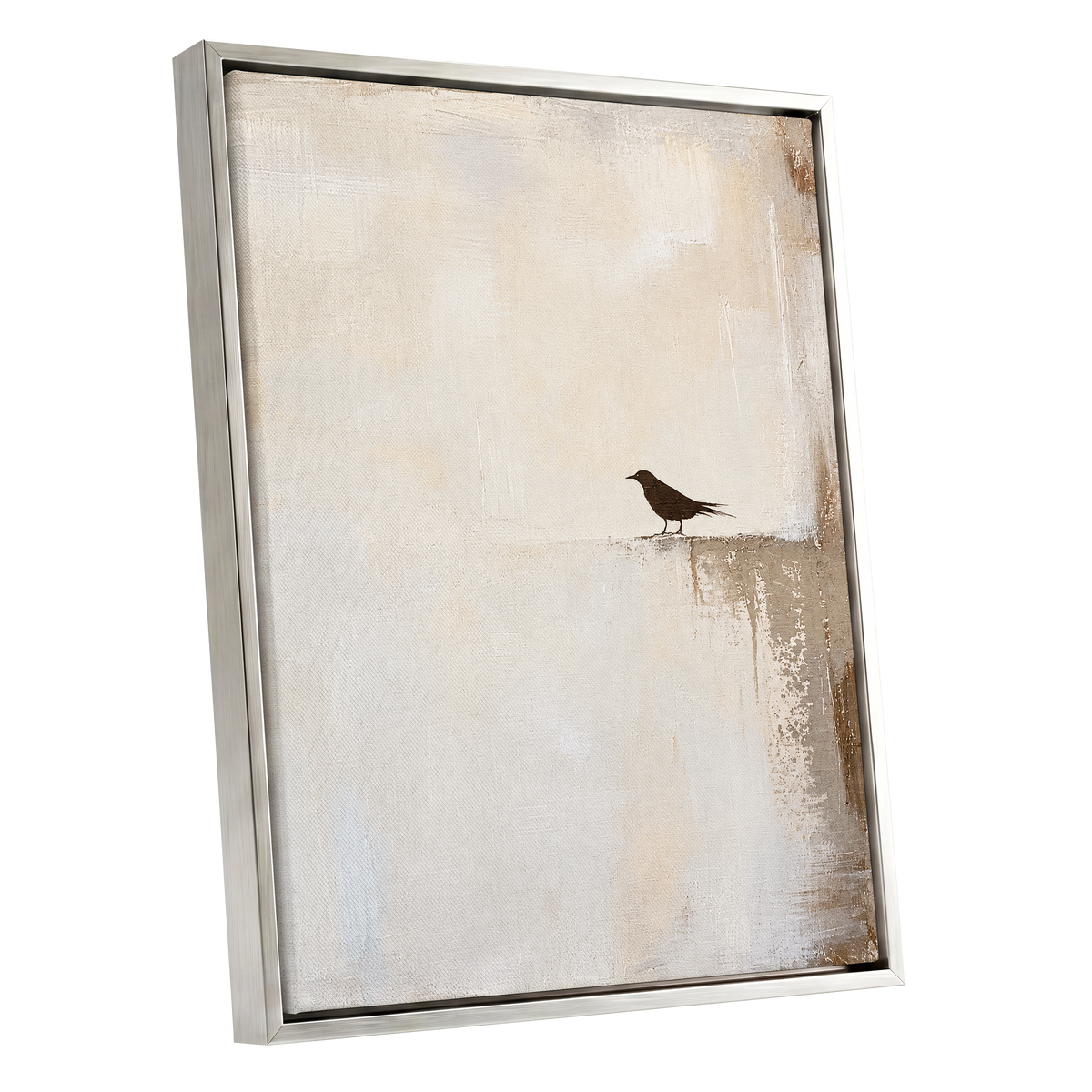 The Quiet Perch, beige, white, gray nature wall art shown as a silver framed canvas wall art