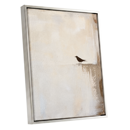 The Quiet Perch, beige, white, gray nature wall art shown as a silver framed canvas wall art