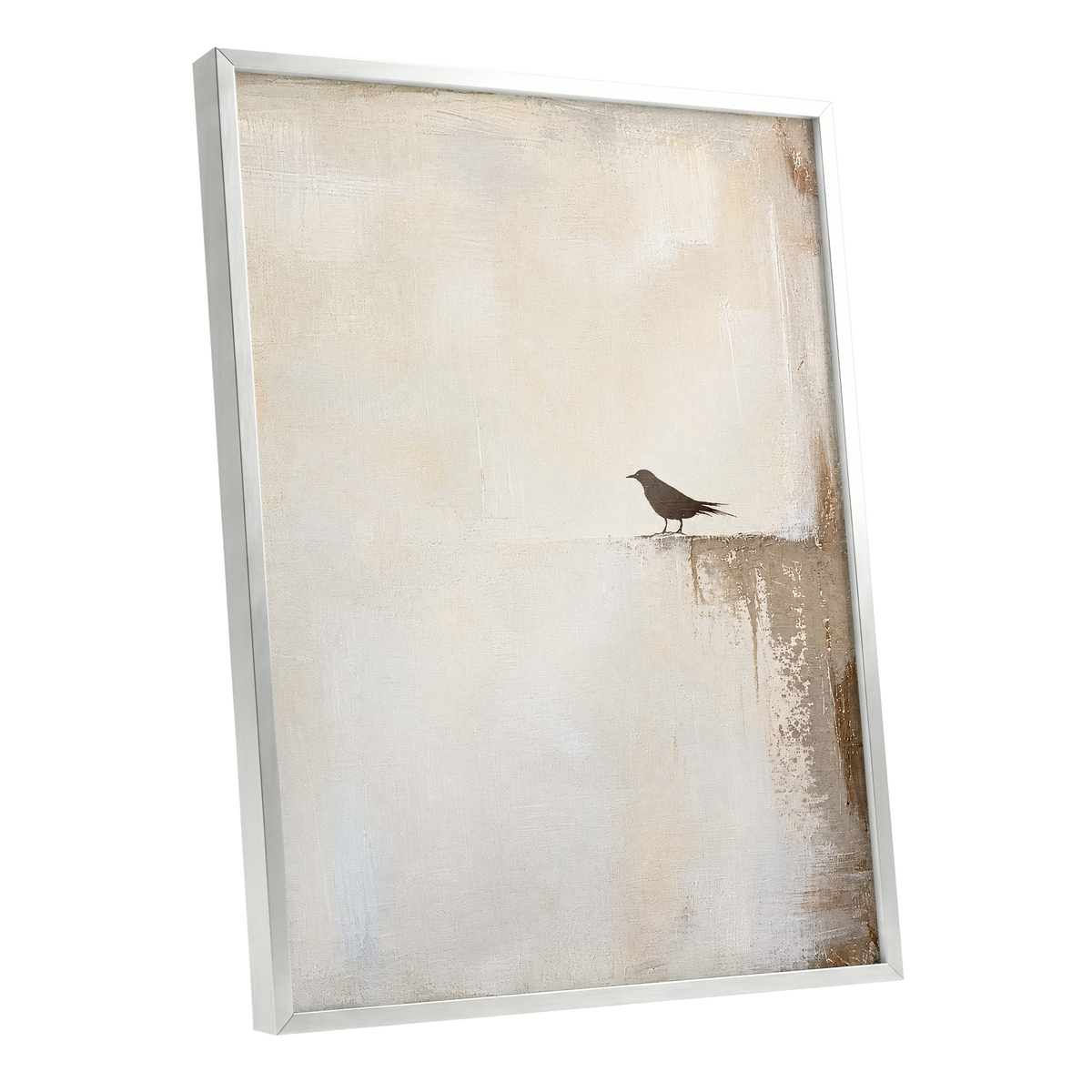 The Quiet Perch, beige, white, gray nature wall art shown as a silver framed poster wall art print