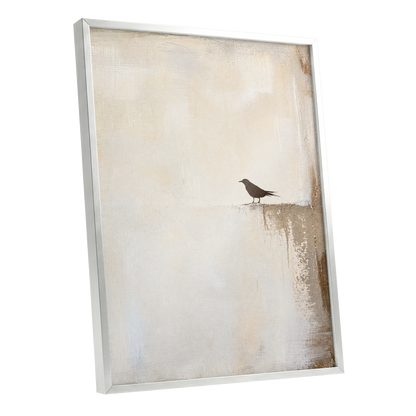 The Quiet Perch, beige, white, gray nature wall art shown as a silver framed poster wall art print