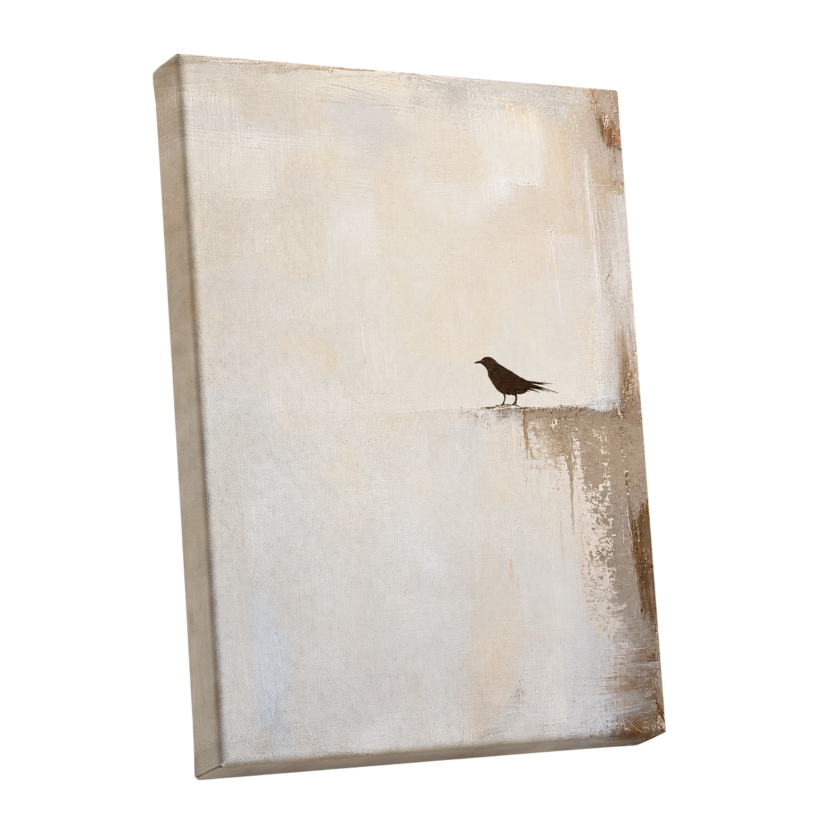 The Quiet Perch, beige, white, gray nature wall art shown as a stretched canvas wall art