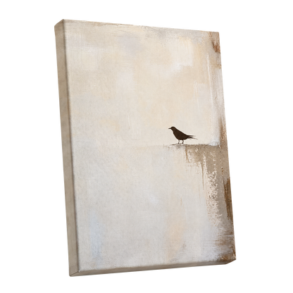 The Quiet Perch, beige, white, gray nature wall art shown as a stretched canvas wall art