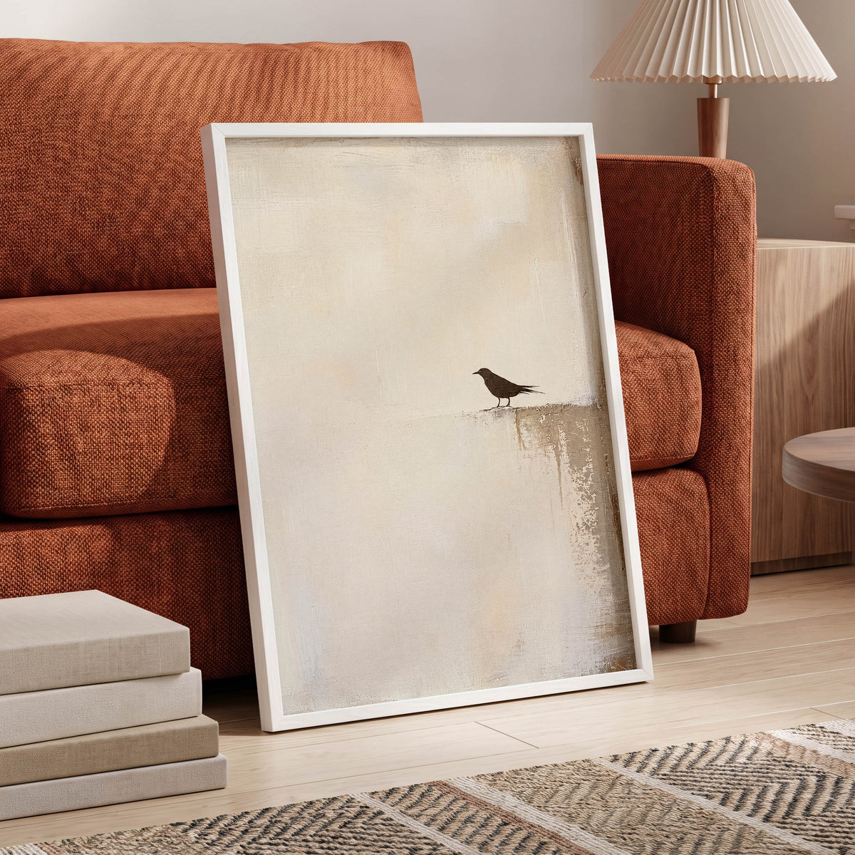 The Quiet Perch, beige, white, gray nature wall art displayed in a styled interior, gallery view 2
