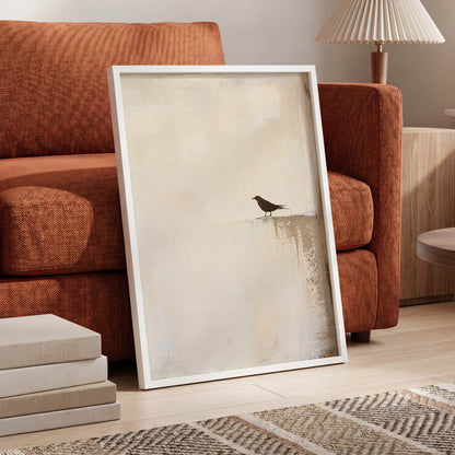 The Quiet Perch, beige, white, gray nature wall art displayed in a styled interior, gallery view 2