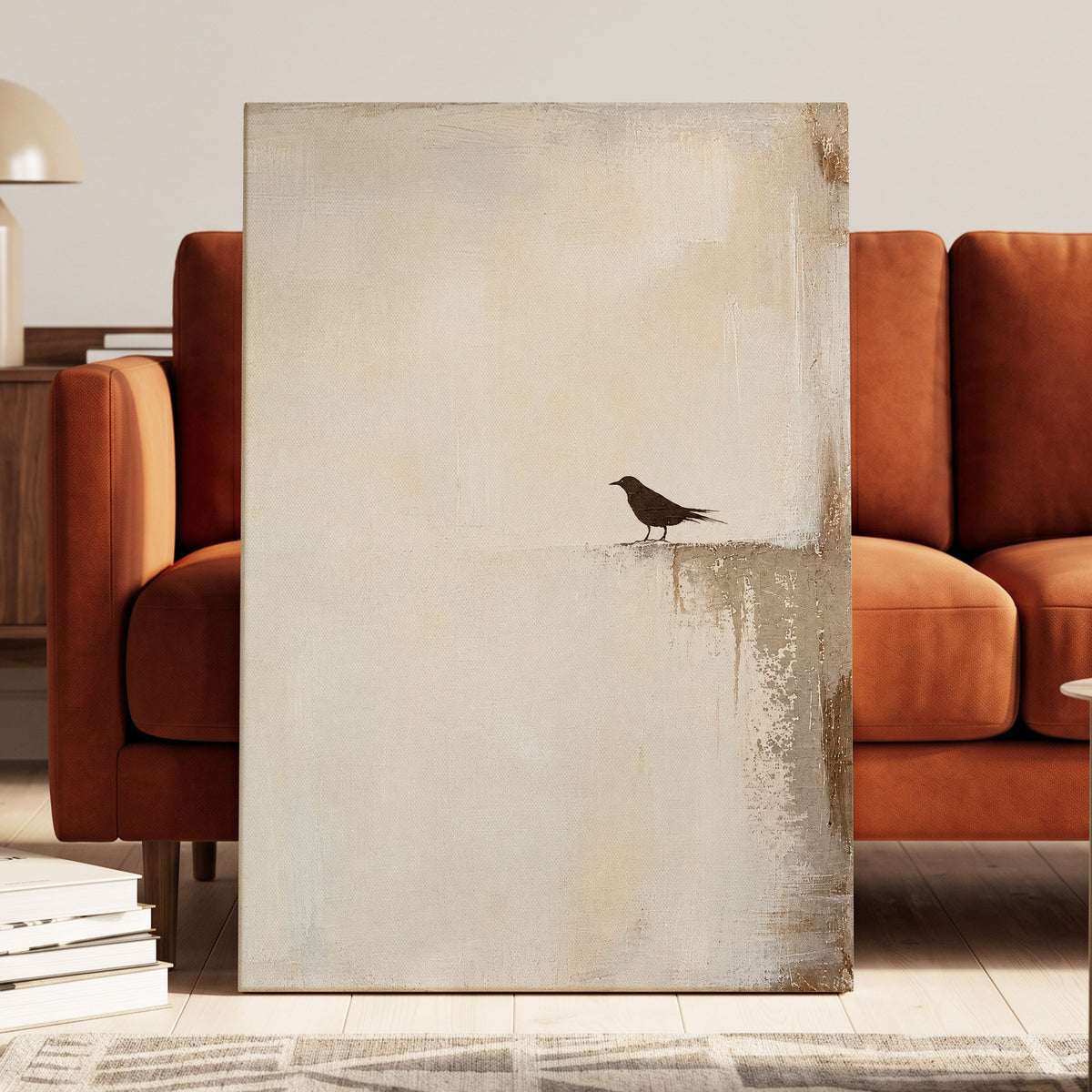 The Quiet Perch, beige, white, gray nature wall art displayed in a styled interior, gallery view 3