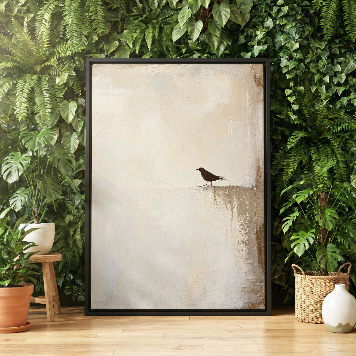 The Quiet Perch, beige, white, gray nature wall art displayed in a styled interior, gallery view 4