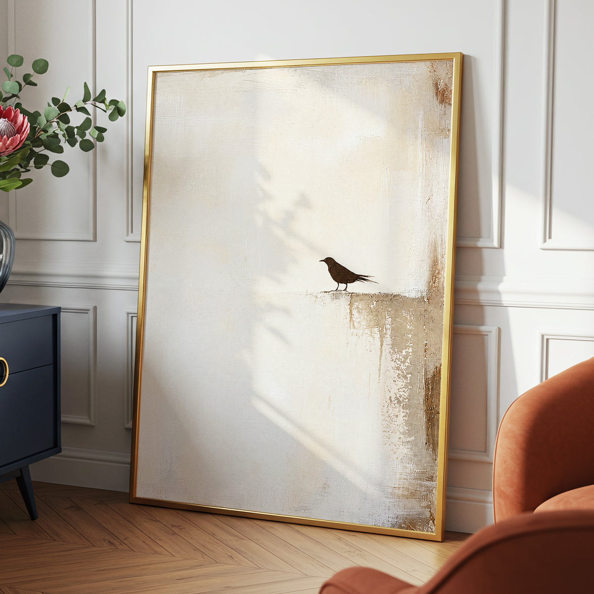 The Quiet Perch, beige, white, gray nature wall art displayed in a styled interior, gallery view 6
