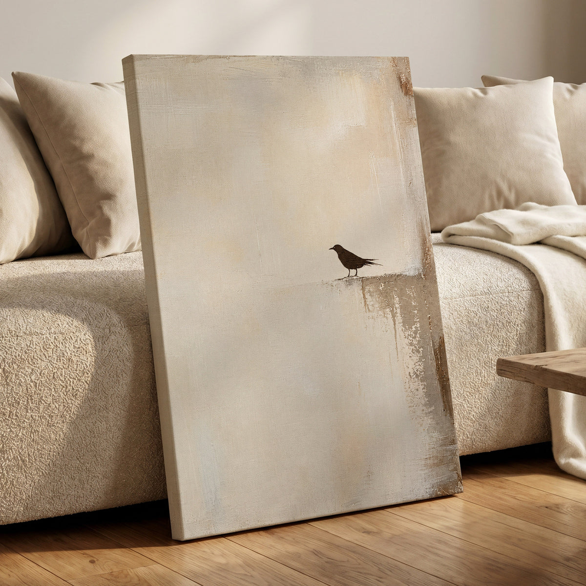 The Quiet Perch, beige, white, gray nature wall art displayed in a styled interior, gallery view 7