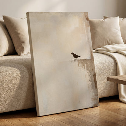 The Quiet Perch, beige, white, gray nature wall art displayed in a styled interior, gallery view 7
