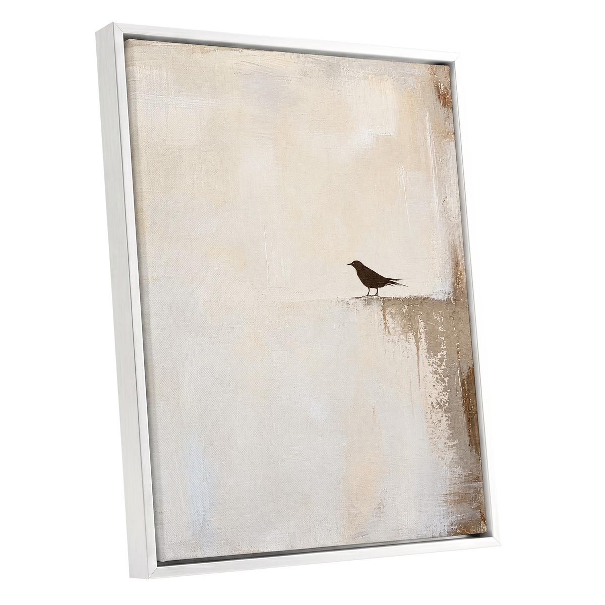 The Quiet Perch, beige, white, gray nature wall art shown as a white framed canvas wall art