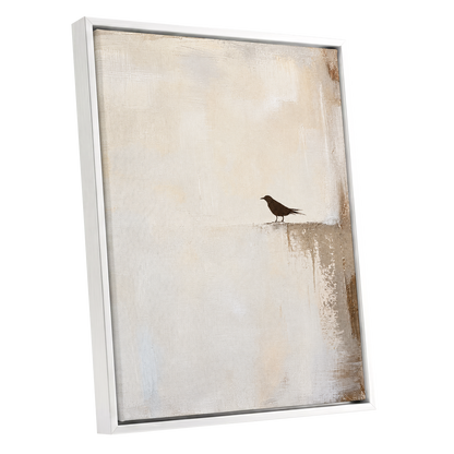 The Quiet Perch, beige, white, gray nature wall art shown as a white framed canvas wall art