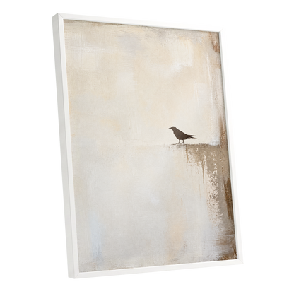 The Quiet Perch, beige, white, gray nature wall art shown as a white framed poster wall art print