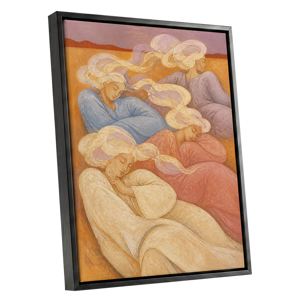 The Quiet Quartet, beige, pink, blue abstract wall art shown as a black framed canvas wall art