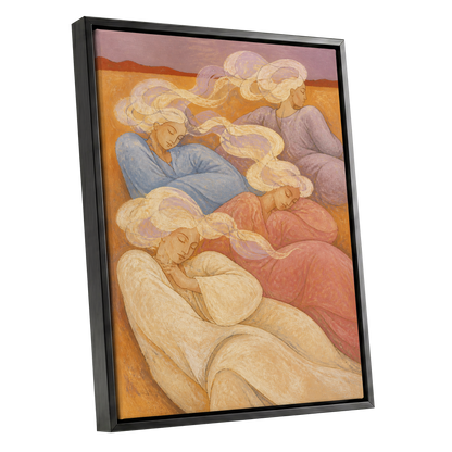 The Quiet Quartet, beige, pink, blue abstract wall art shown as a black framed canvas wall art