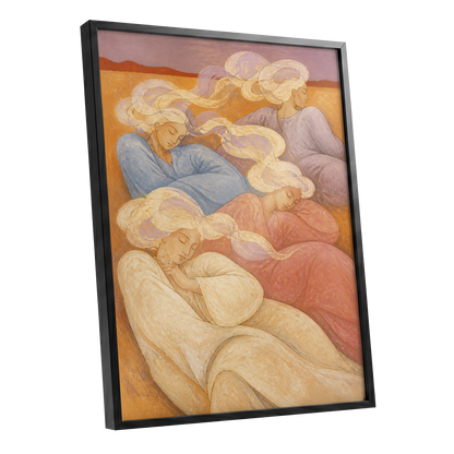 The Quiet Quartet, beige, pink, blue abstract wall art shown as a black framed poster wall art print