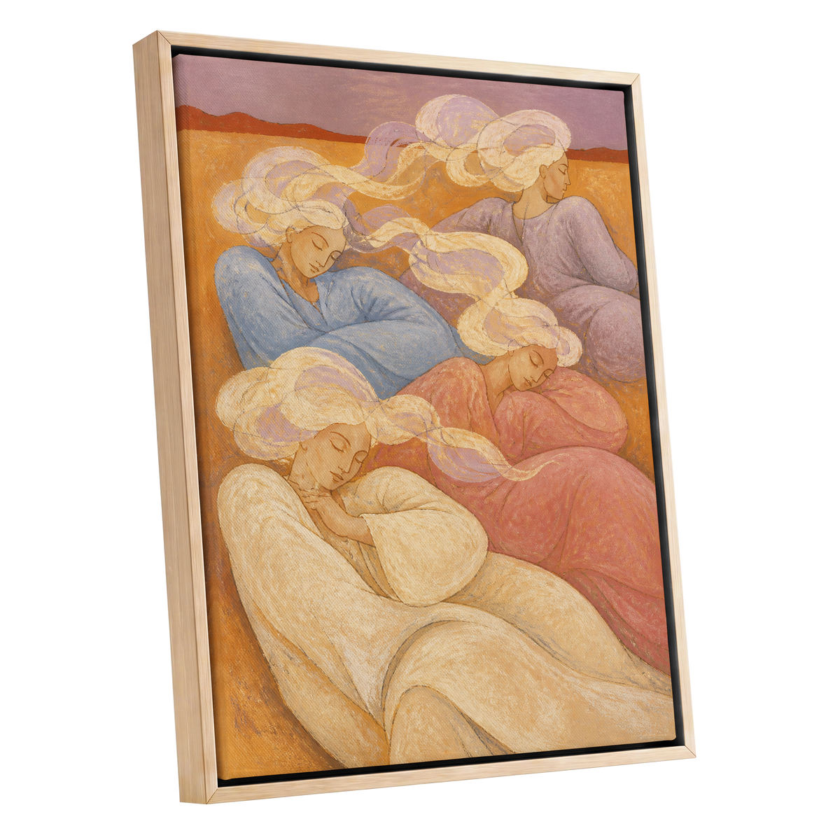 The Quiet Quartet, beige, pink, blue abstract wall art shown as a oak framed canvas wall art