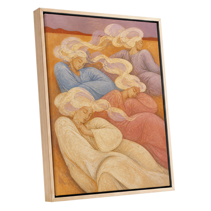 The Quiet Quartet, beige, pink, blue abstract wall art shown as a oak framed canvas wall art