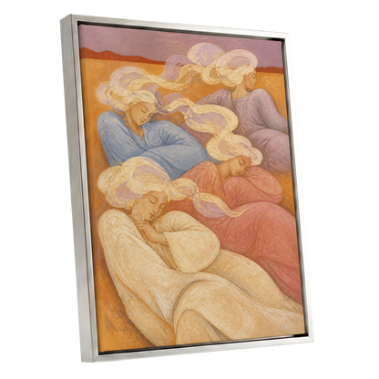 The Quiet Quartet, beige, pink, blue abstract wall art shown as a silver framed canvas wall art