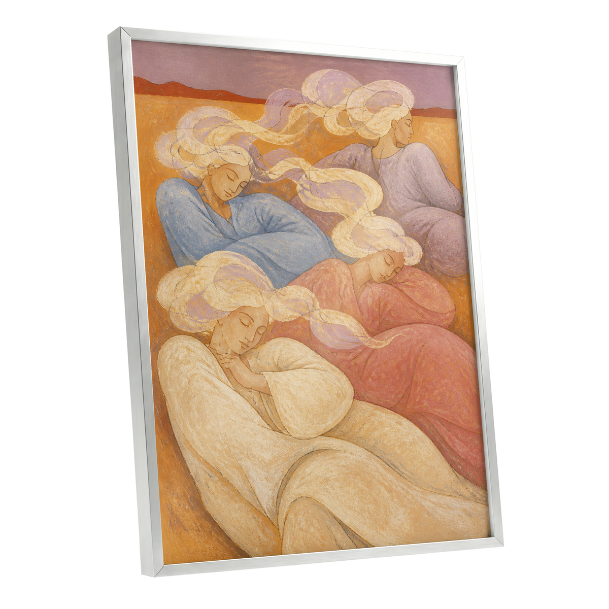 The Quiet Quartet, beige, pink, blue abstract wall art shown as a silver framed poster wall art print